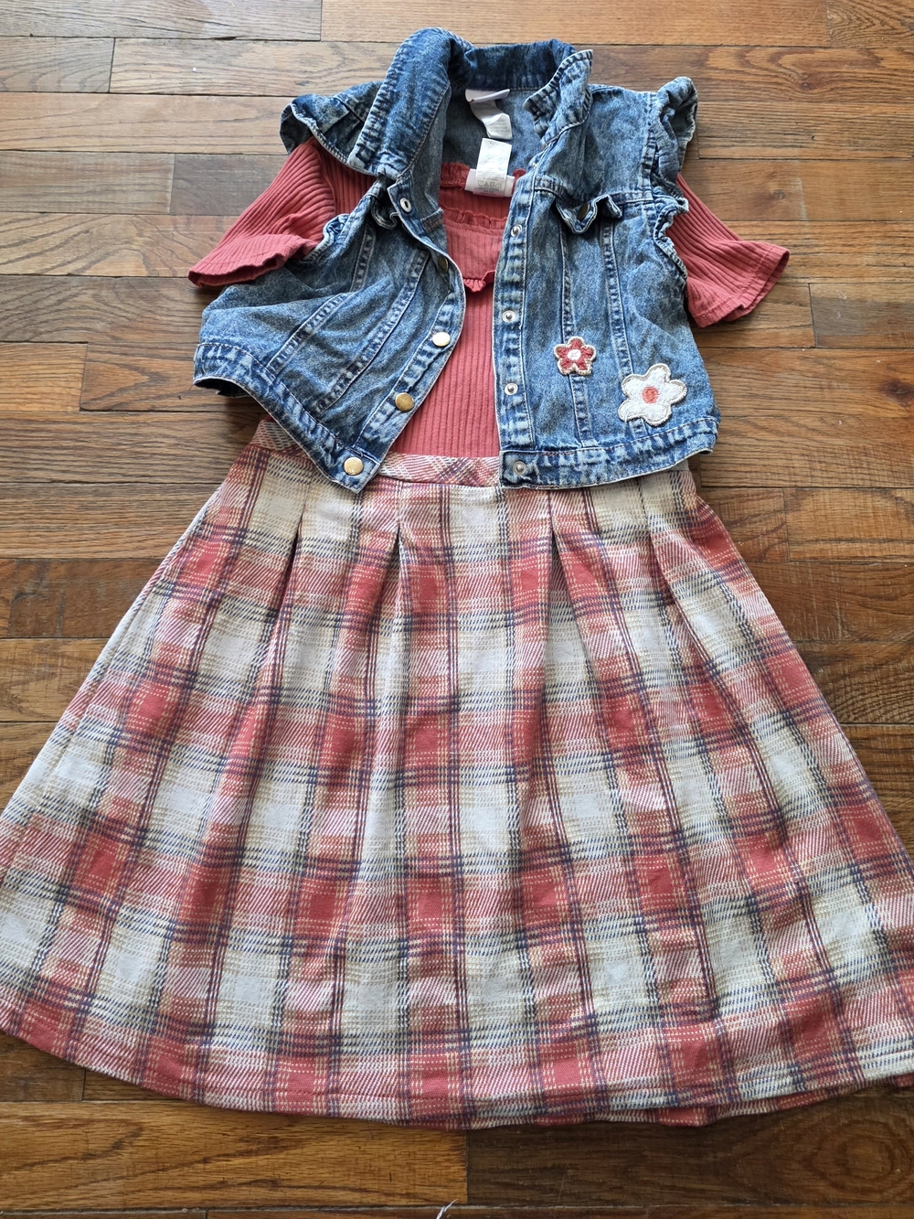 Little Lass Coral Pink Top with Blue Denim Vest and Coral Plaid Skirt